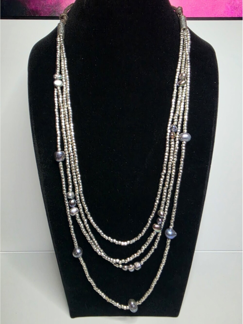 Vintage Multi Strand Silver Seed Bead Freshwater Pearl Cord Statement Necklace